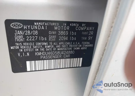 2008 Hyundai Elantra Gls/Se из США, поврежденный, VIN KMHDU46D58U424880